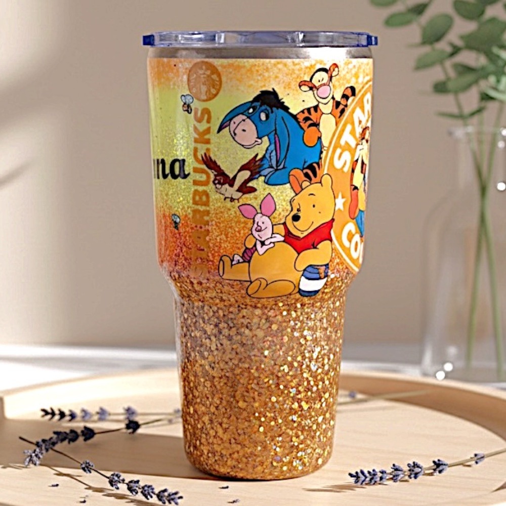 Rare Custom Winnie the Pooh Starbucks Inspired Glitter Tumbler Orange Ms Adriana - Picture 2 of 9
